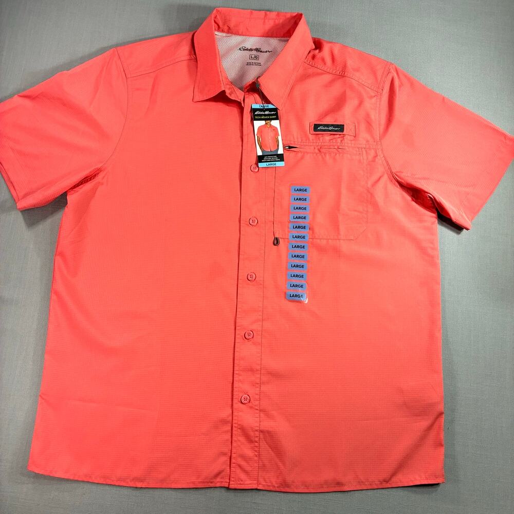 NWT Eddie Bauer Fishing Shirt Men's Large Coral UPF Vented Tech Short Sleeve